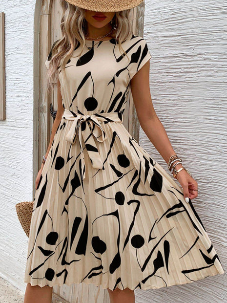 Tied Pleated Printed Cap Sleeve Dress - MimiStylez