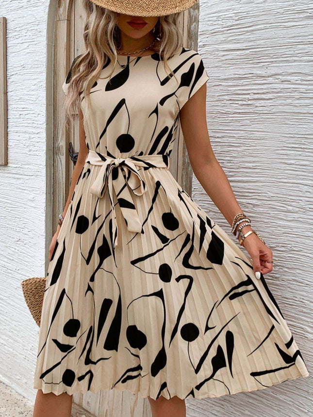 Tied Pleated Printed Cap Sleeve Dress - MimiStylez