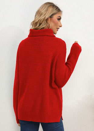 Slit Turtleneck Dropped Shoulder Sweater - MimiStylez