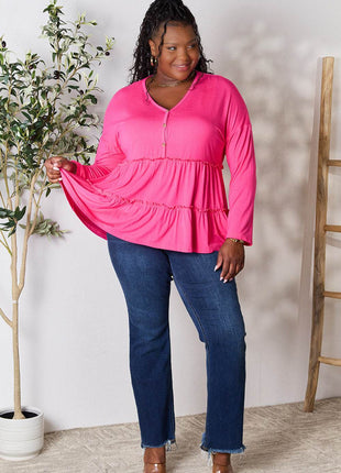 Double Take Half Button Long Sleeve Ruffle Hem Blouse - MimiStylez