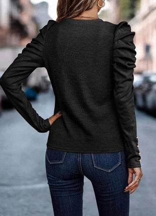 Decorative Button Puff Sleeve T-Shirt - MimiStylez