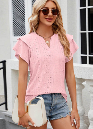 Eyelet Notched Flutter Sleeve T-Shirt - MimiStylez