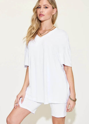 Neck Drop Shoulder T-Shirt and Shorts Set - MimiStylez