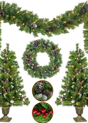 4PC Pre-lit Xmas Tree Artificial Christmas Set - Includes Garland, Wreath And Set Of 2 Entrance Trees