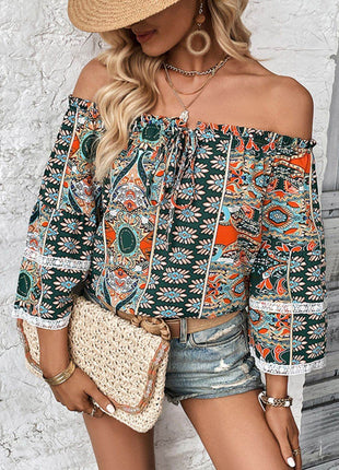 Printed Frill Trim Off-Shoulder Blouse - MimiStylez