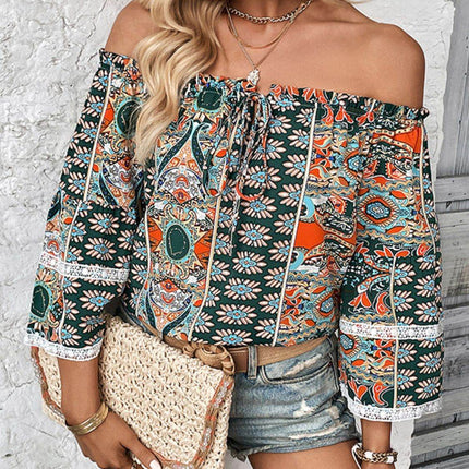 Printed Frill Trim Off-Shoulder Blouse - MimiStylez