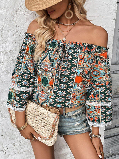 Printed Frill Trim Off-Shoulder Blouse - MimiStylez