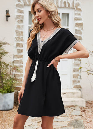 Tassel V-Neck Short Sleeve Dress - MimiStylez