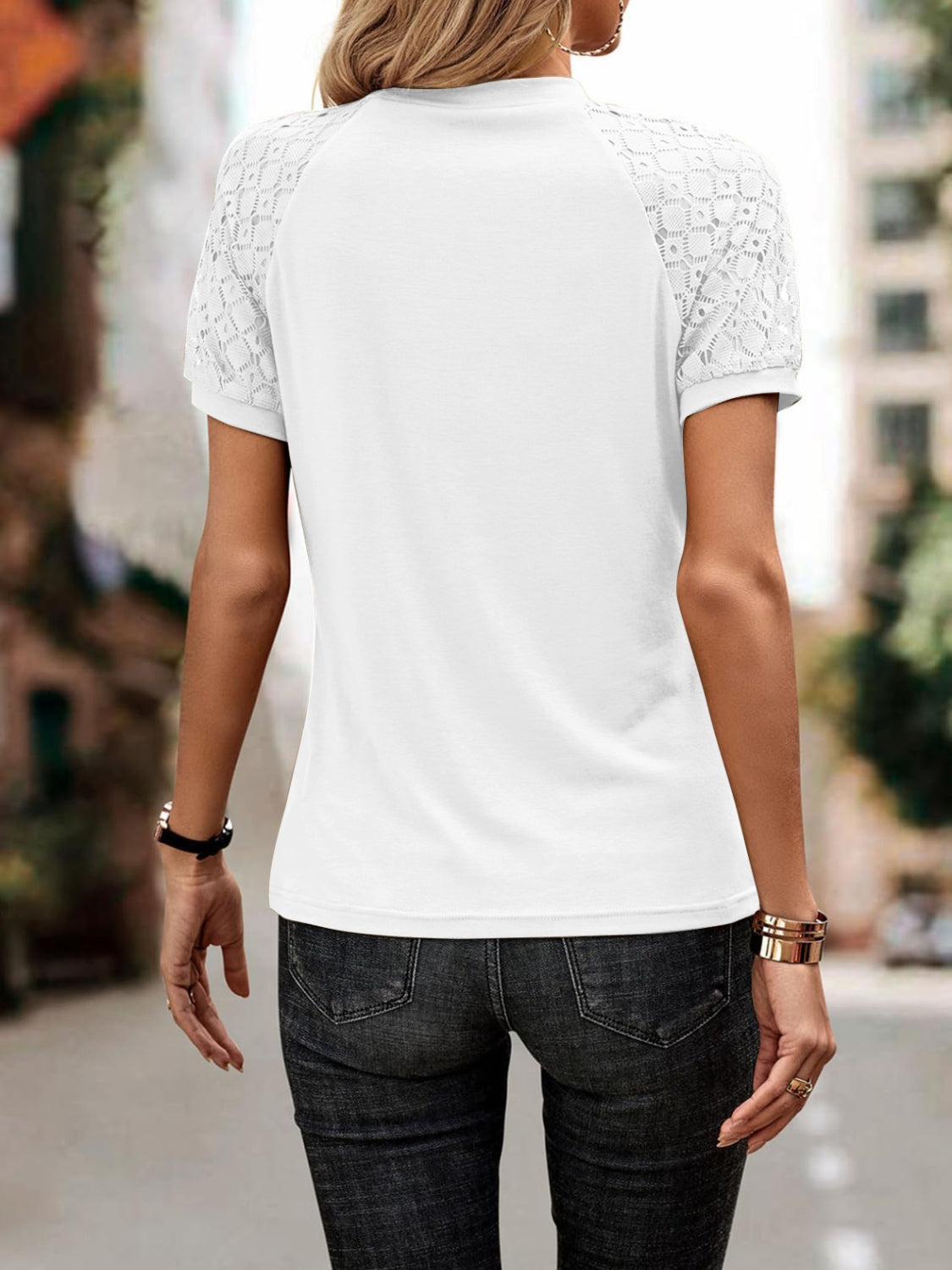 Openwork Lace Detail Short Sleeve T-Shirt