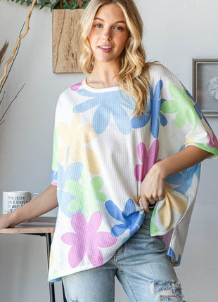HOPELY Floral Round Neck Waffle T-Shirt - MimiStylez
