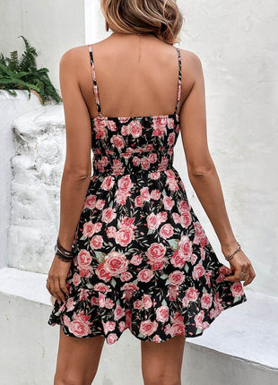 Tied Rose Print Spaghetti Strap Dress - MimiStylez