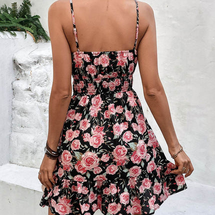 Tied Rose Print Spaghetti Strap Dress - MimiStylez