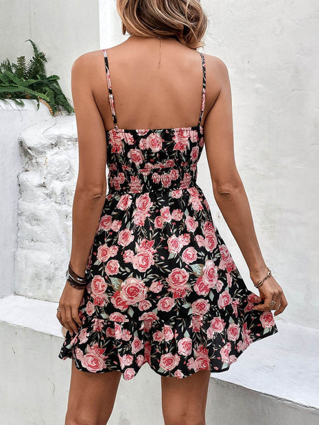 Tied Rose Print Spaghetti Strap Dress - MimiStylez