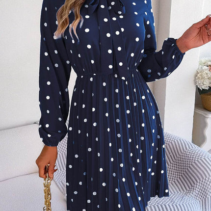 Polka Dot Tie Neck Pleated Dress - MimiStylez