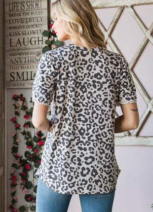 Heimish Leopard Round Neck Petal Sleeve T-Shirt - MimiStylez