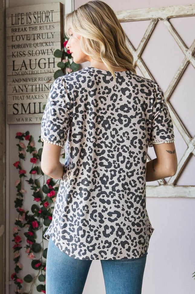Heimish Leopard Round Neck Petal Sleeve T-Shirt - MimiStylez