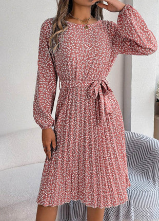 Ditsy Floral Tie Waist Pleated Dress - MimiStylez