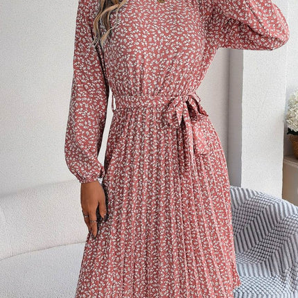 Ditsy Floral Tie Waist Pleated Dress - MimiStylez