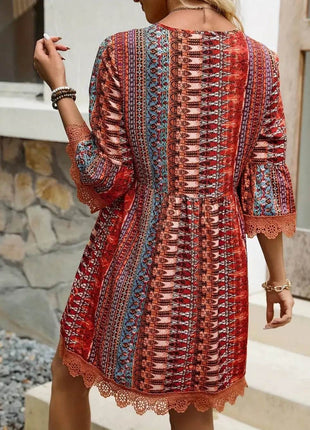 Lace Trim Printed V-Neck 3/4 Sleeve Dress - MimiStylez
