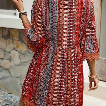 Lace Trim Printed V-Neck 3/4 Sleeve Dress - MimiStylez