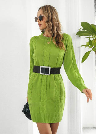 Cable-Knit Round Neck Sweater Dress - MimiStylez