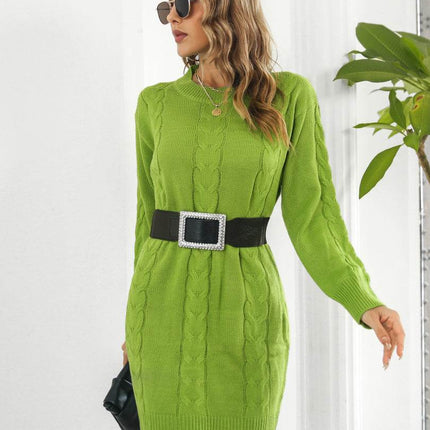 Cable-Knit Round Neck Sweater Dress - MimiStylez