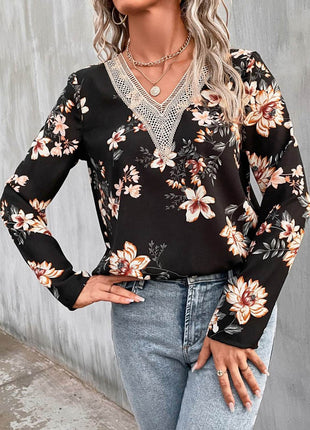 Printed V-Neck Long Sleeve Blouse - MimiStylez