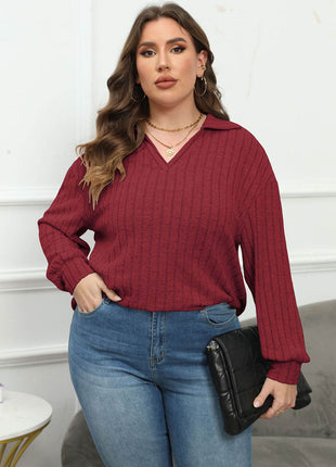 Plus Size Ribbed Collared Neck Long Sleeve Blouse - MimiStylez