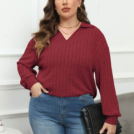 Plus Size Ribbed Collared Neck Long Sleeve Blouse - MimiStylez