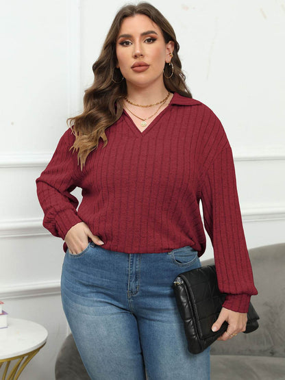 Plus Size Ribbed Collared Neck Long Sleeve Blouse - MimiStylez
