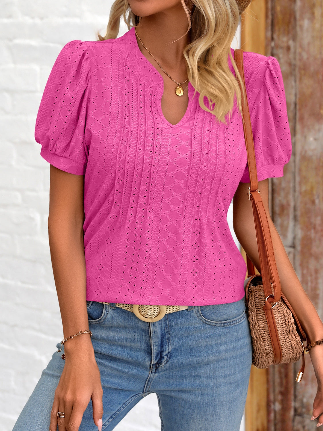 Eyelet Notched Puff Sleeve T-Shirt