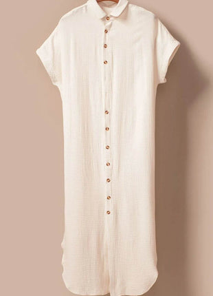 Button Down Short Sleeve Midi Shirt Dress - MimiStylez