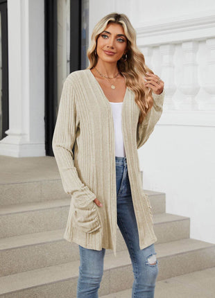 Pocketed Open Front Long Sleeve Cardigan - MimiStylez