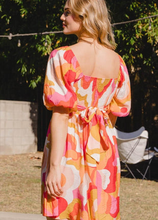 ODDI Full Size Printed Tied Back Short Sleeve Mini Dress - MimiStylez