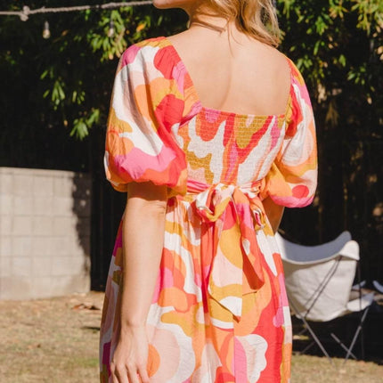 ODDI Full Size Printed Tied Back Short Sleeve Mini Dress - MimiStylez