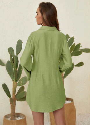 Collared Neck Long Sleeve Mini Shirt Dress - MimiStylez