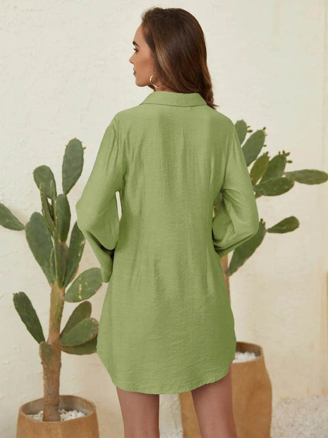 Collared Neck Long Sleeve Mini Shirt Dress - MimiStylez
