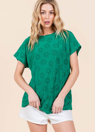 BOMBOM Textured Floral Pattern Short Sleeve T-Shirt - MimiStylez