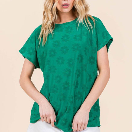 BOMBOM Textured Floral Pattern Short Sleeve T-Shirt - MimiStylez