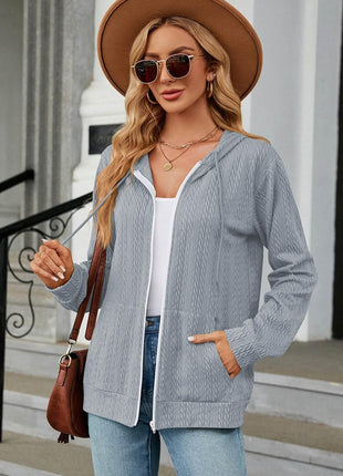 Drawstring Zip Up Long Sleeve Hoodie - MimiStylez