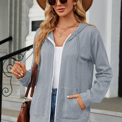 Drawstring Zip Up Long Sleeve Hoodie - MimiStylez