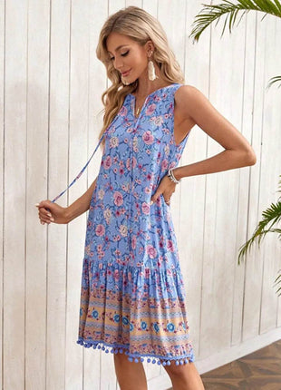 Tie Neck Sleeveless Floral Dress - MimiStylez