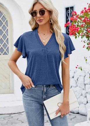 V-Neck Flutter Sleeve T-Shirt - MimiStylez