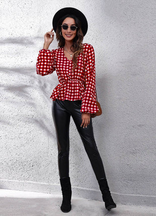 Plaid V-Neck Balloon Sleeve Peplum Blouse - MimiStylez