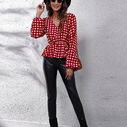 Plaid V-Neck Balloon Sleeve Peplum Blouse - MimiStylez