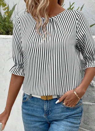 Striped Round Neck Half Sleeve Casual Blouse - MimiStylez