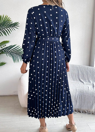 Tied Polka Dot Long Sleeve Midi Dress - MimiStylez