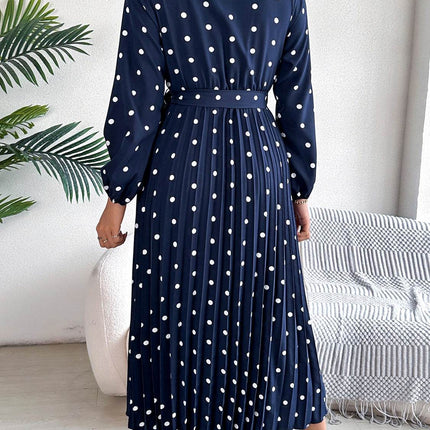 Tied Polka Dot Long Sleeve Midi Dress - MimiStylez