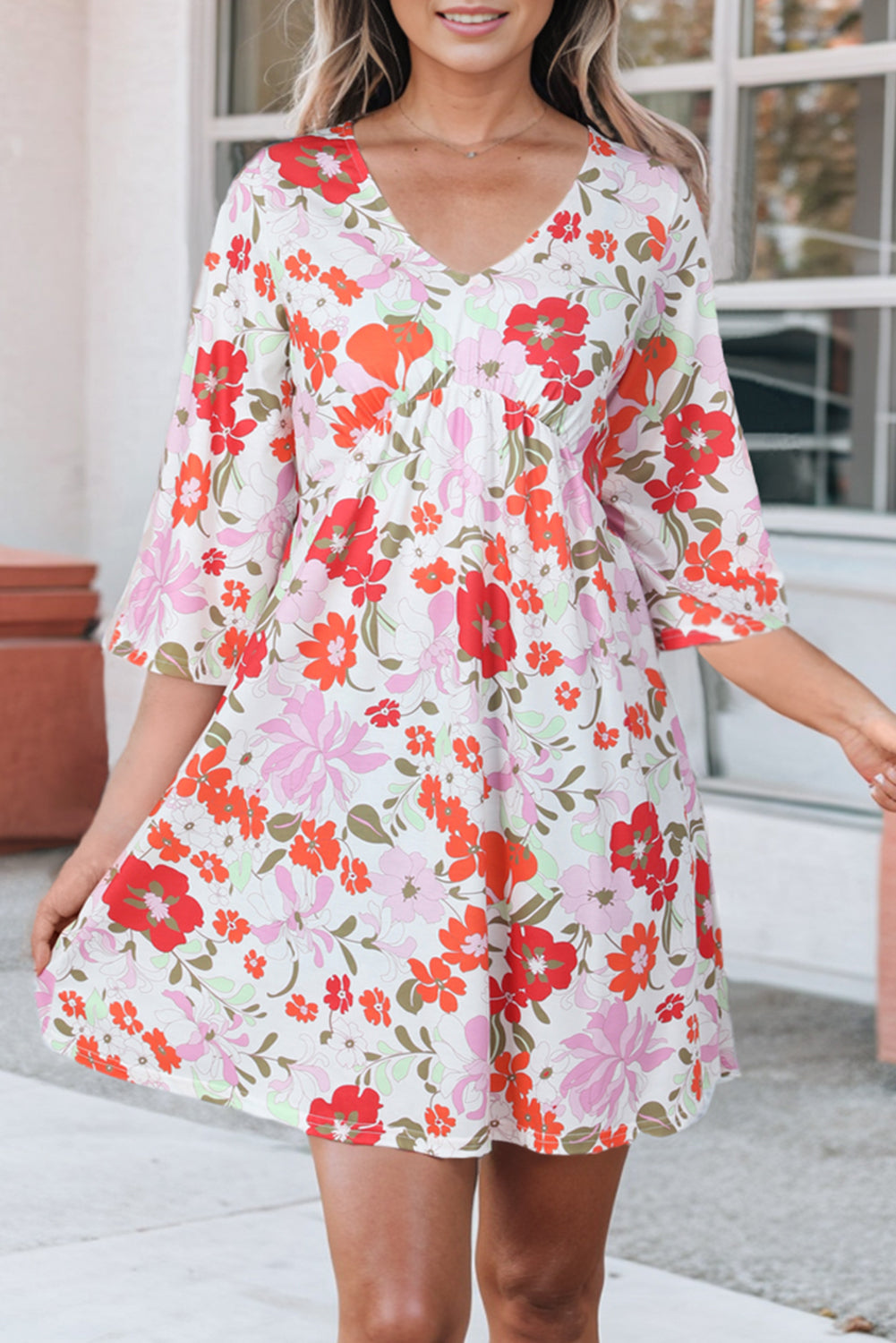 Floral V-Neck Three-Quarter Sleeve Mini Dress