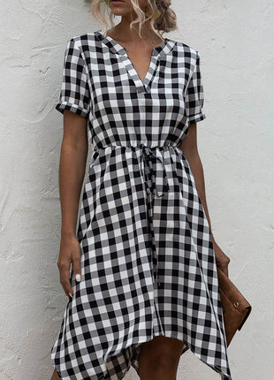 Plaid Notched Short Sleeve Dress - MimiStylez